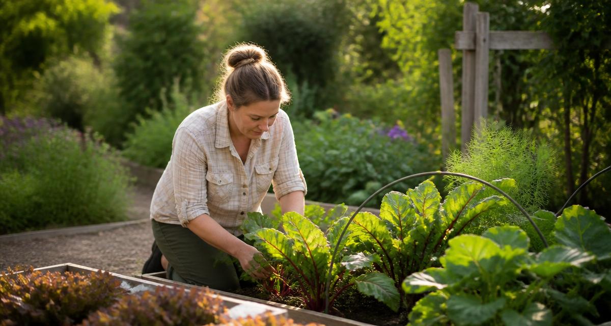 A gardener tending to plants in a lush British garden in golden afternoon light